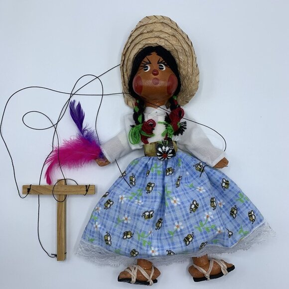 Other - Vintage Puppet Doll String Marionette Mexican Straw Hat Flower Dress Sandals